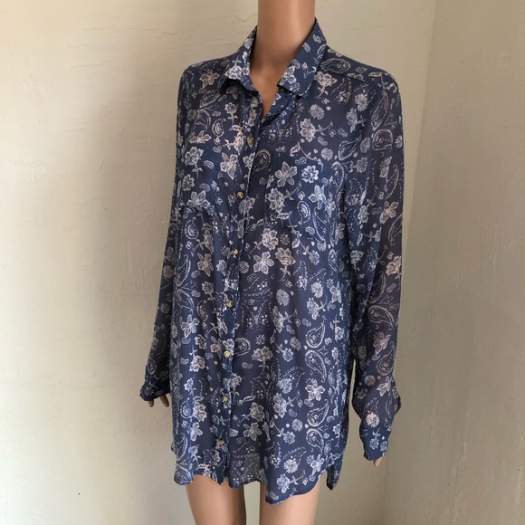 Hollister Blue/White Floral High-Low Shirt Dress Women’s Size M Long Sleeves Top - Picture 5 of 16